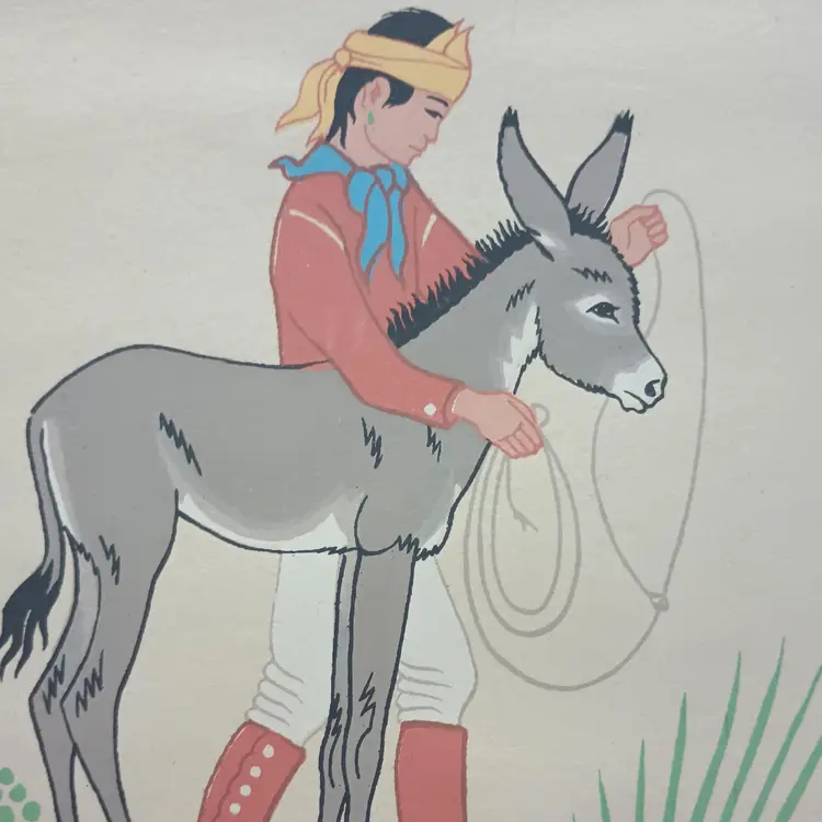#47 Navajo Boy With Donkey Artist H Begay Silkscreen Reproduction Tewa Enterprises New Mexico