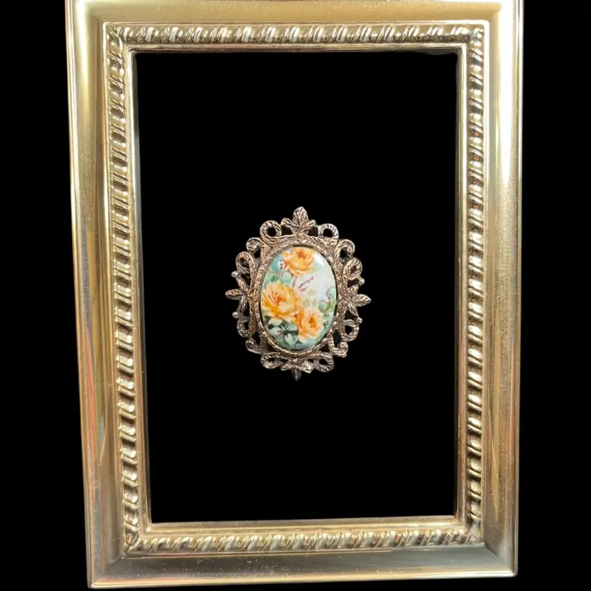 Hand Painted Yellow Roses Porcelain Oval Gold Tone w/ Filigree Brooch-Signed L. Caldwell
