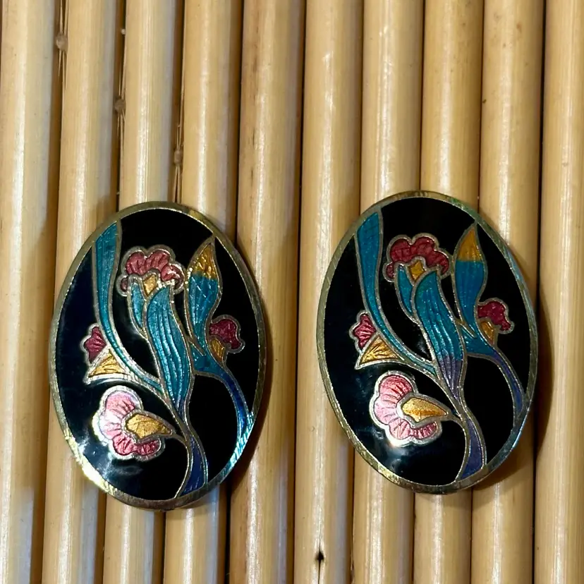 Oval Cloisonné Floral Clip On Earrings