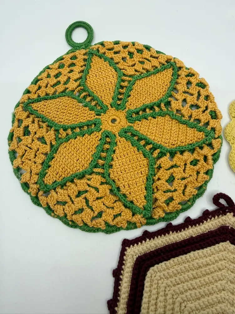 3 Vintage MCM Handmade Crocheted Potholders