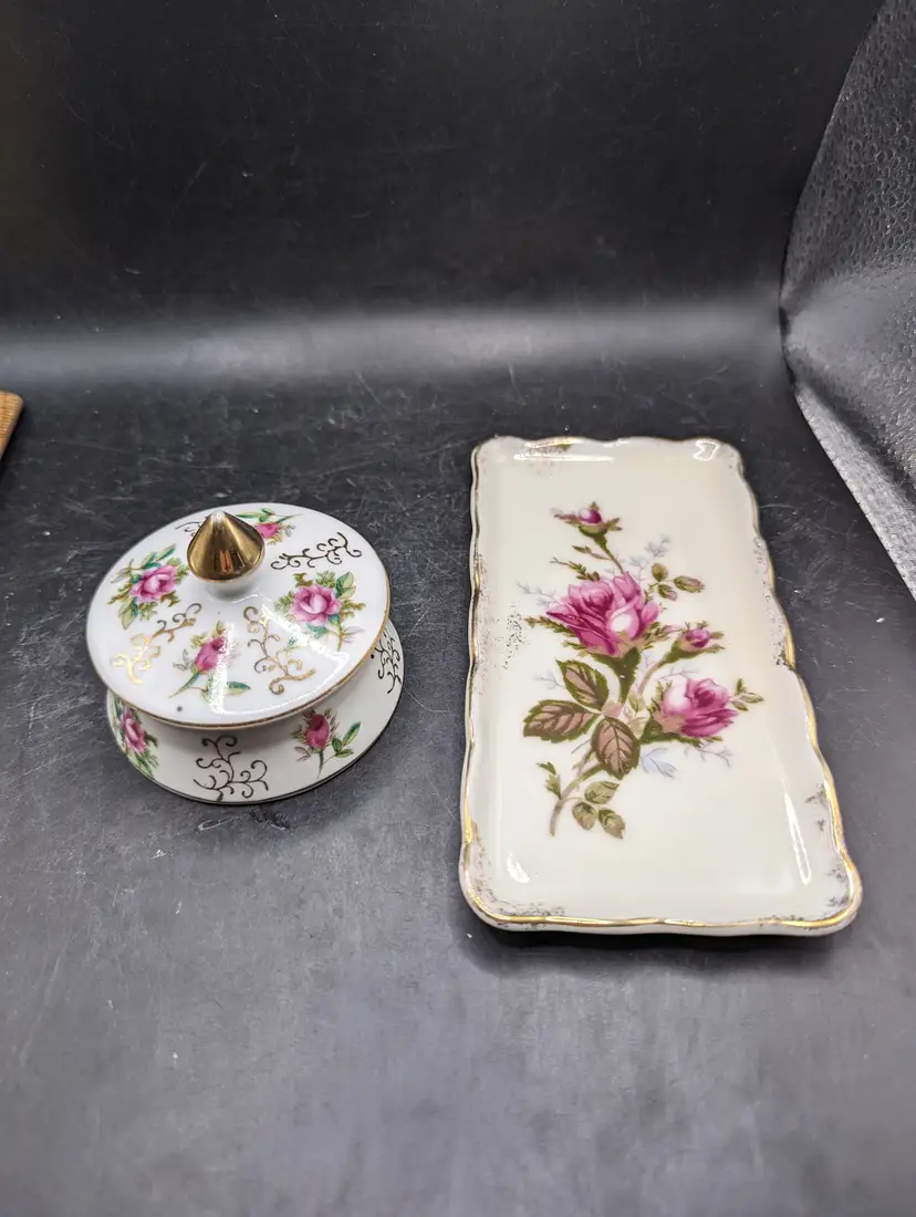 Vintage Lot of 2 Rose Design Trinket Box and Dish