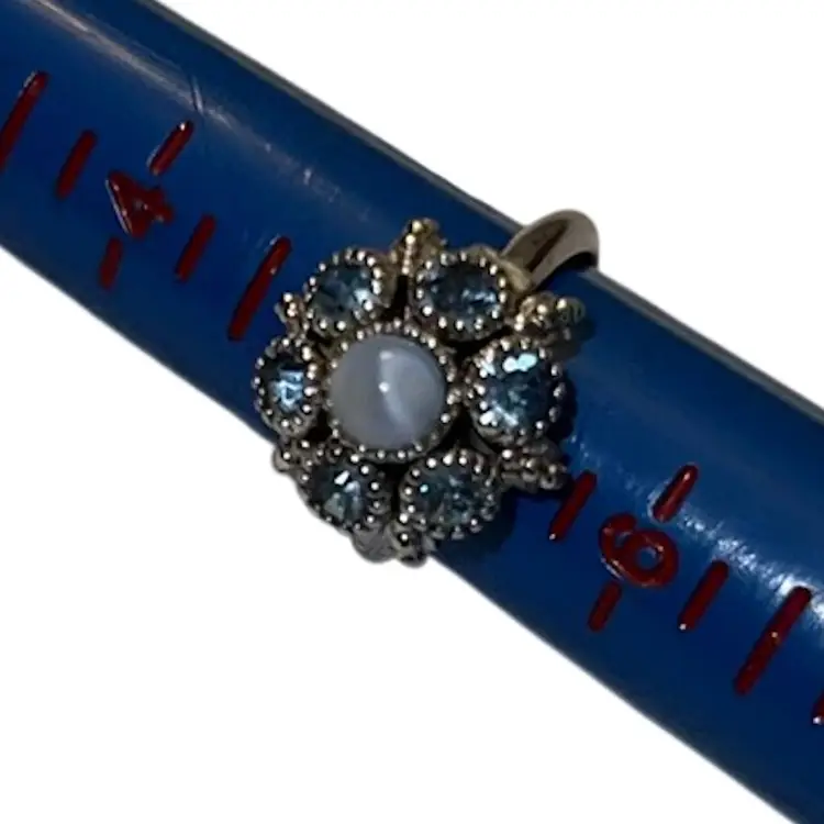 Vintage 1970s Avon Moon Magic Silvertone Ring Blue Rhinestones Faux Moonstone Size 5