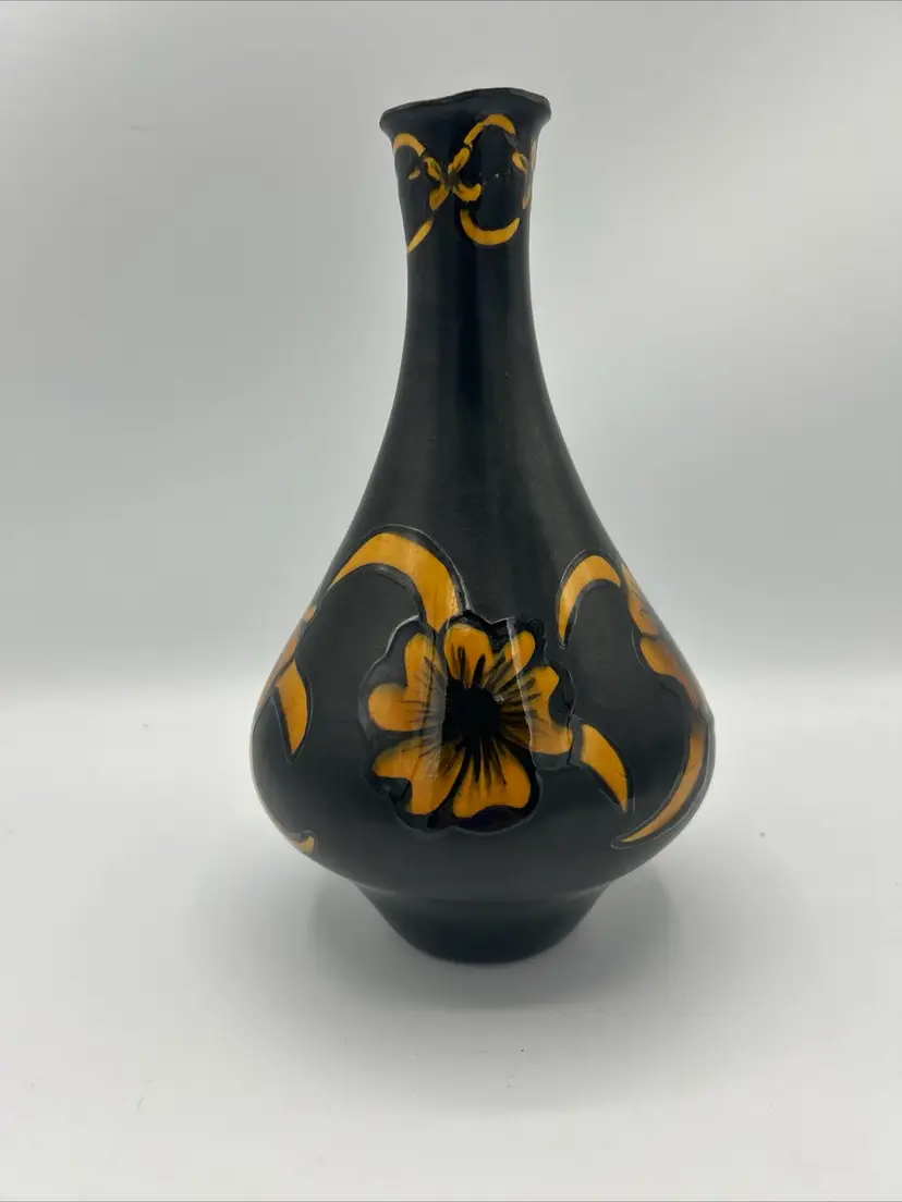 VTG Black & orange Flowers Ceramic Art Pottery Vase Signed JL