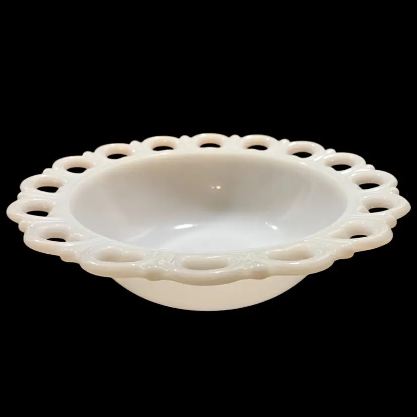 Old Colony- Anchor Hocking- Lace Edge- White Milk Glass- 9 1/2" Diameter X 2.5” Tall- Vintage Serving Bowl