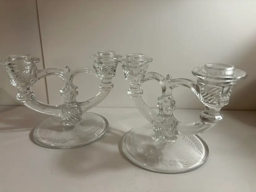 Indiana Glass Block and Rib # 370 Double Candlesticks ~ Set 2~ 5" Tall 7.5" Wide