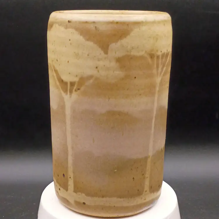 Studio Art Pottery Vase with Tree design Brown Tan 6 1/2 inches