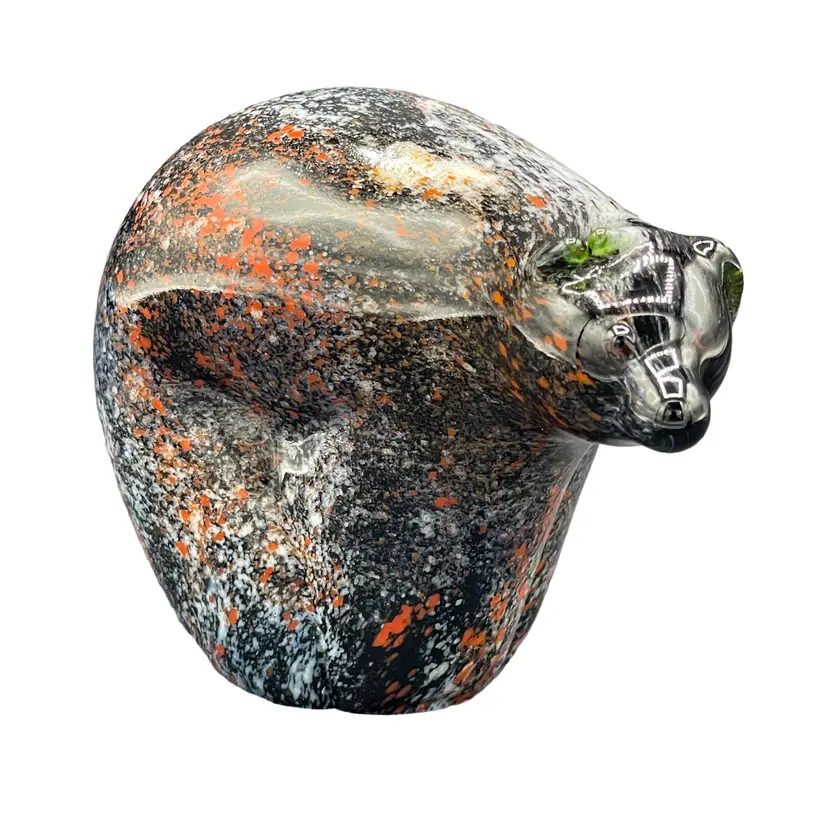 Orient & Flume Art Glass Bear Figurine Paperweight w Sticker Ear Fold Right Ear