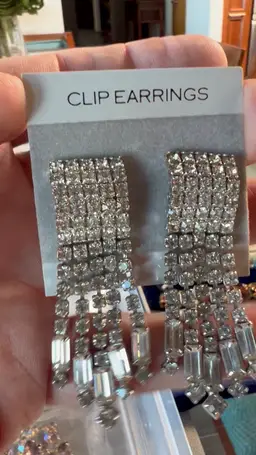 E-019 Vintage KRAMER Silver-Tone and Clear Glass Rhinestone Dangle Clip-On Earrings