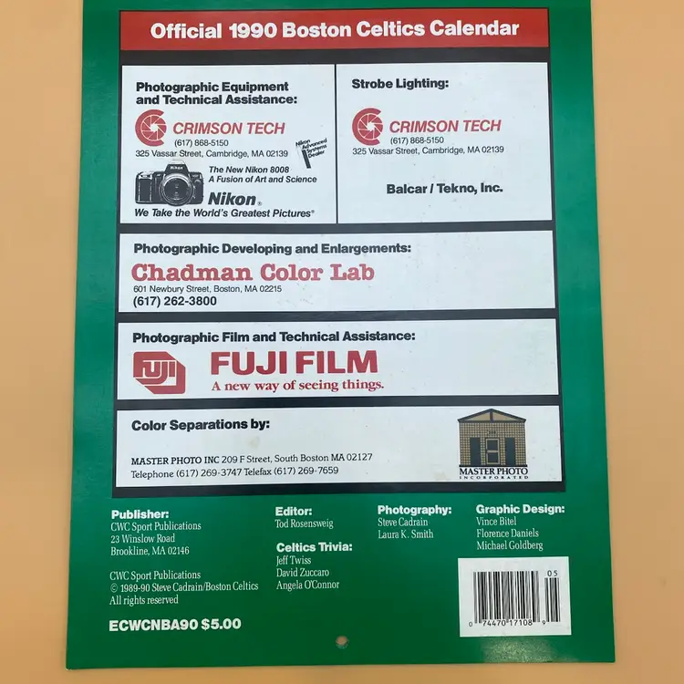 NBA Boston Celtics Official 1990 Calendar - Bud Light - No Writing