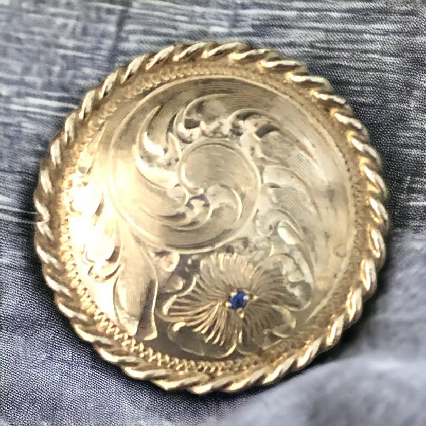 Sterling Silver Vintage Concho Western Brooch Pin Sapphire Chip