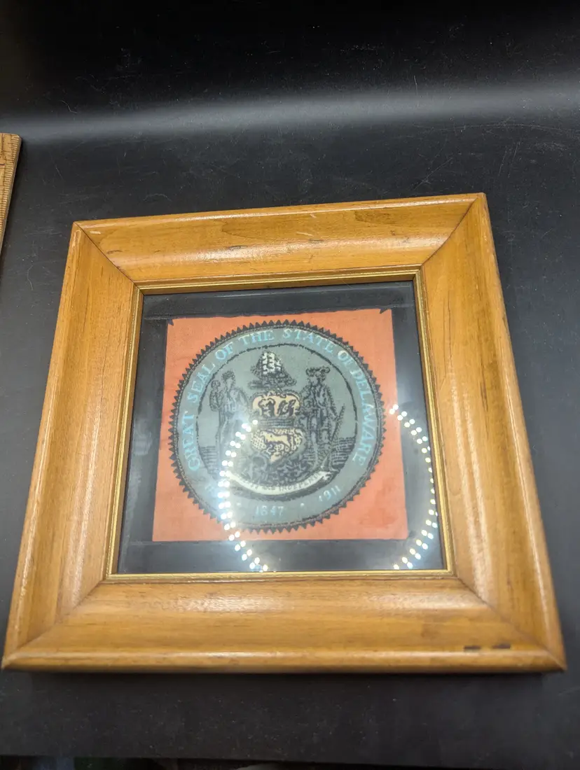 Vintage Great Seal Of The State Of Delaware Quilted Under Glass And Frame