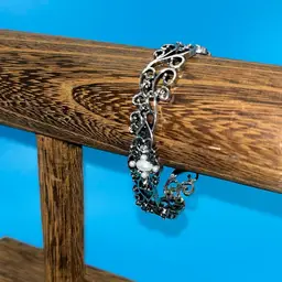 Filigree Cuff Bracelet Silver Tone Pearl & Rhinestone