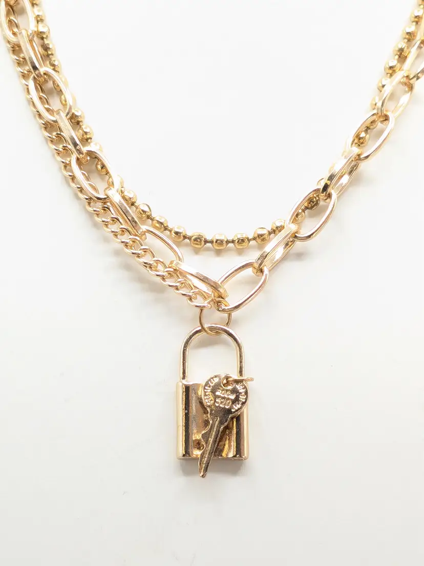 Gold Tone Triple Strand Chain Necklace Lock and Key Pendant