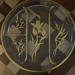 #01 Mid-century, modern gold etched round floral divided plate