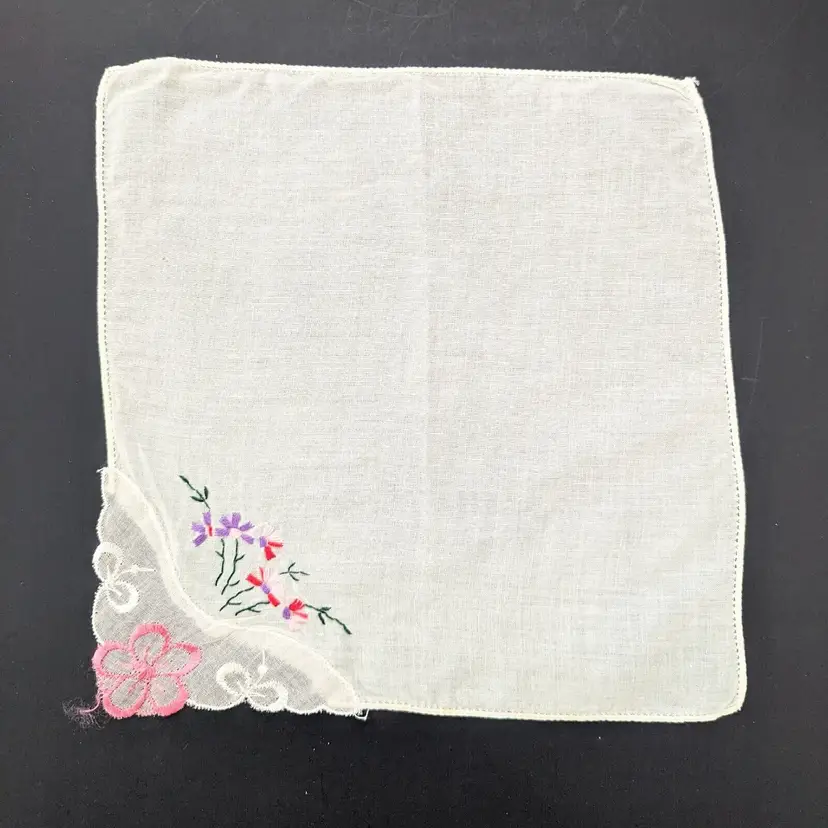Vintage Cotton Hand Embroidered Handkerchief Purple and Pink Flowers 9" x 9"