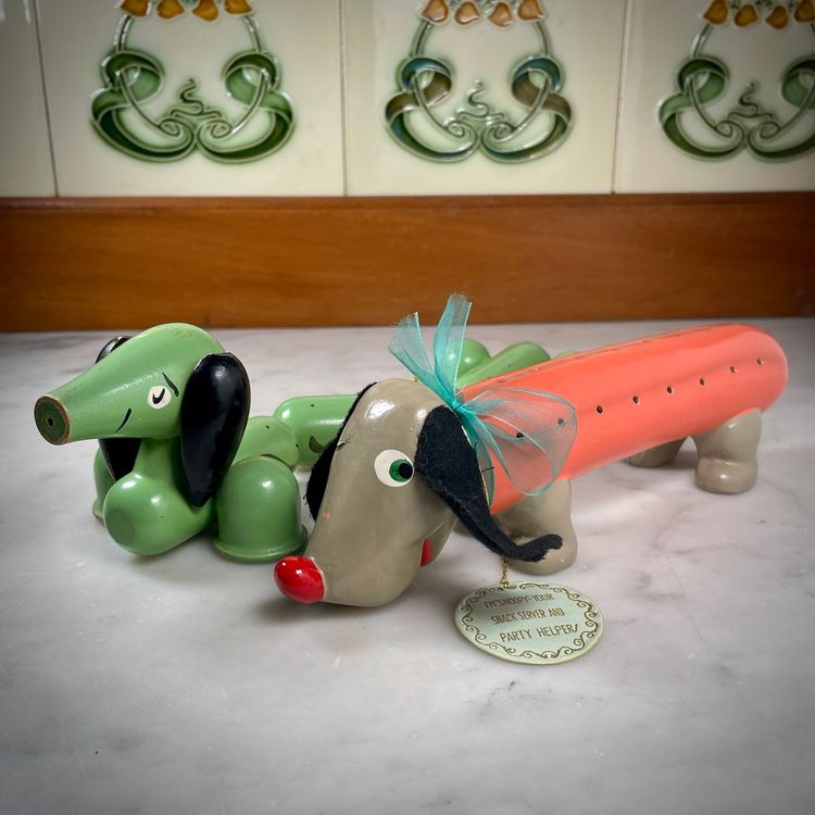 2 Vintage Midcentury Wiener Dog Dachshund Appetizer Toothpick Holders Hand Painted (No Tails) Enesco & Unmarked