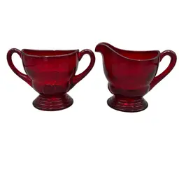Martinsville Viking Depression Glass Moondrops Ruby Red Sugar and Creamer