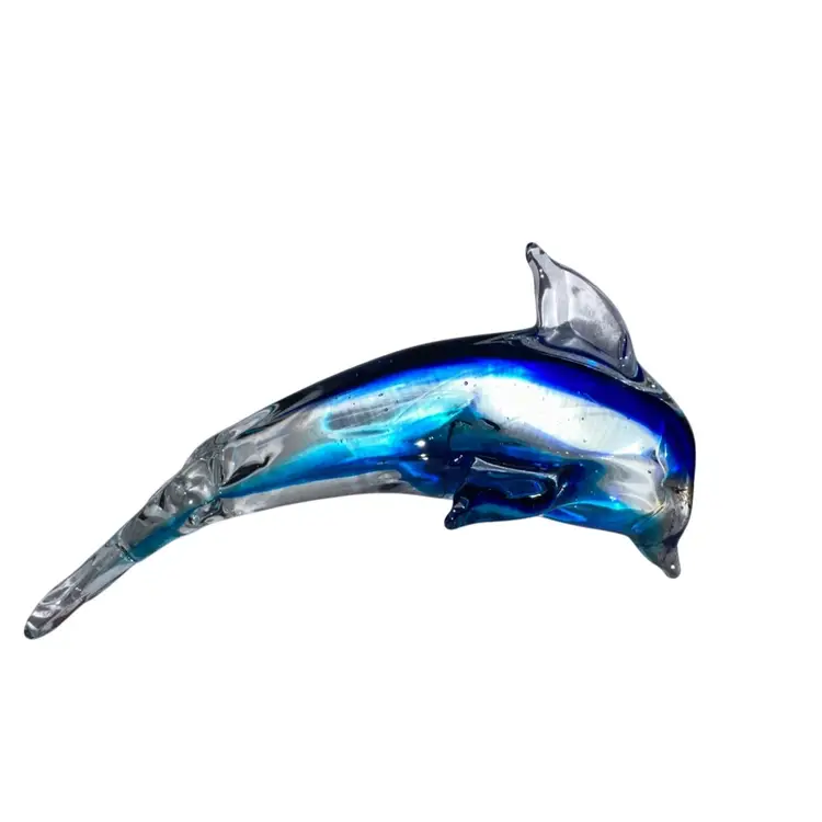 Art Glass Teal, Cobalt & Clear Dolphin 3.5” T X 7” X 3”