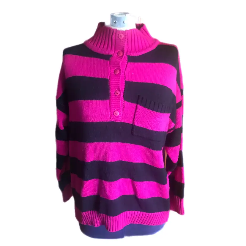 LA Blues Pink And Black Striped Pullover Sweater 1980's Vintage Size L