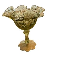 Fenton Colonial Green Cabbage Rose Ruffled Pedestal Compote