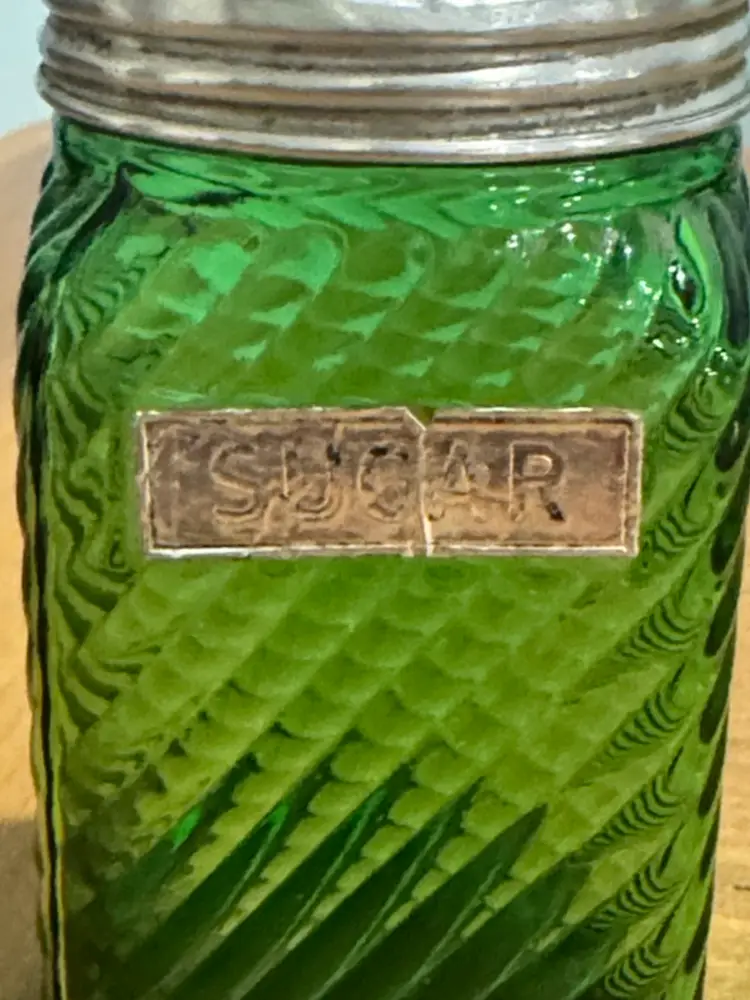 Owens Illinois Ribbed Green DEPRESSION HOOSIER Glass Sugar Shaker Jar 4.25” tall