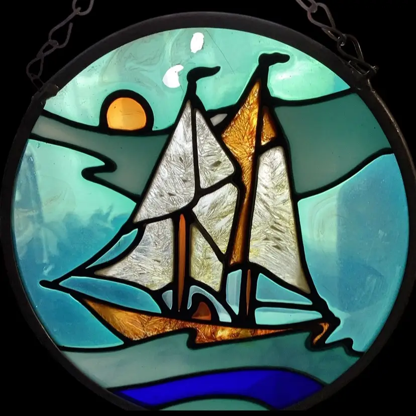 Vintage Stained Glass Sailboat And Sun Window Decor