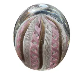 Venetian Glass Paper Weight, Dome shaped, White Latticinio, Gold Iridescent Bands, Pink Ribbons, Good Codition