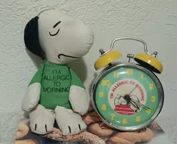 1958 Peanuts Snoopy  Alarm Clock (Works) & 9" Doll "I'm Allergic to Mornings"