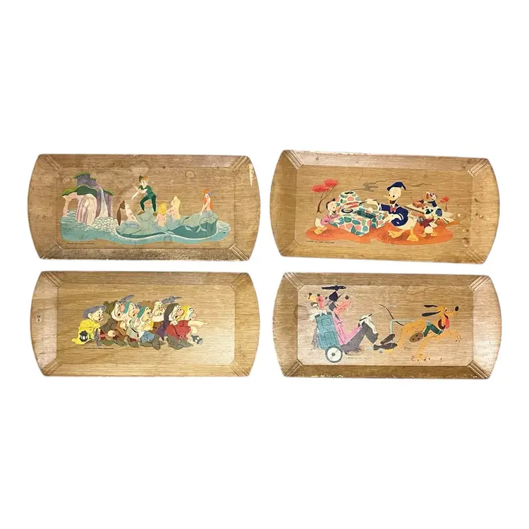 22. Set Of 4 1950's Walt Disney Hasko Wood Veneer Display Trays - Donald Duck, Goofy, Peter Pan, & 7 Dwarves