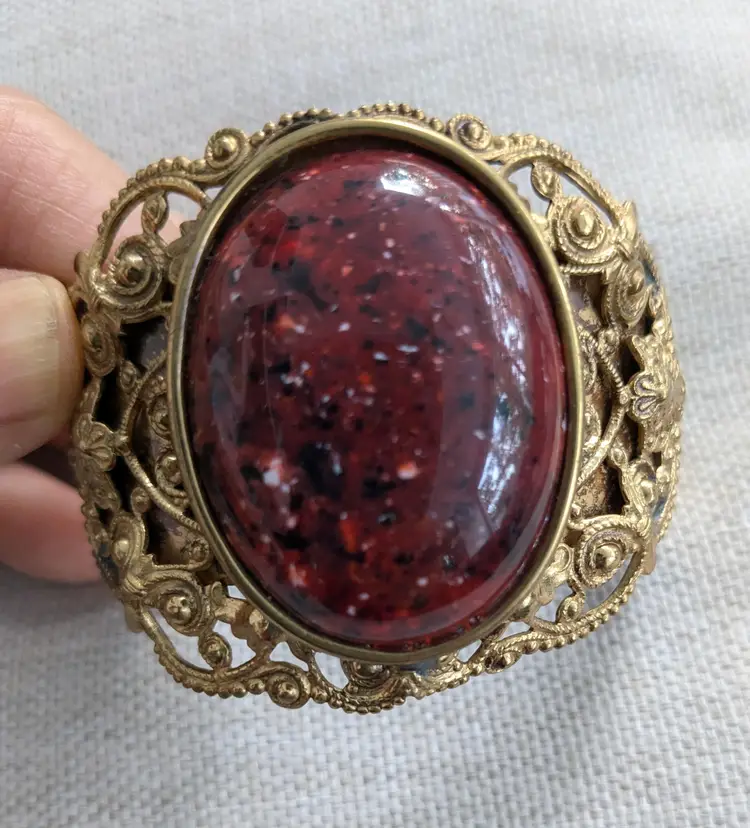 Victorian Revival Cuff Bracelet with Burgundy Cabachon