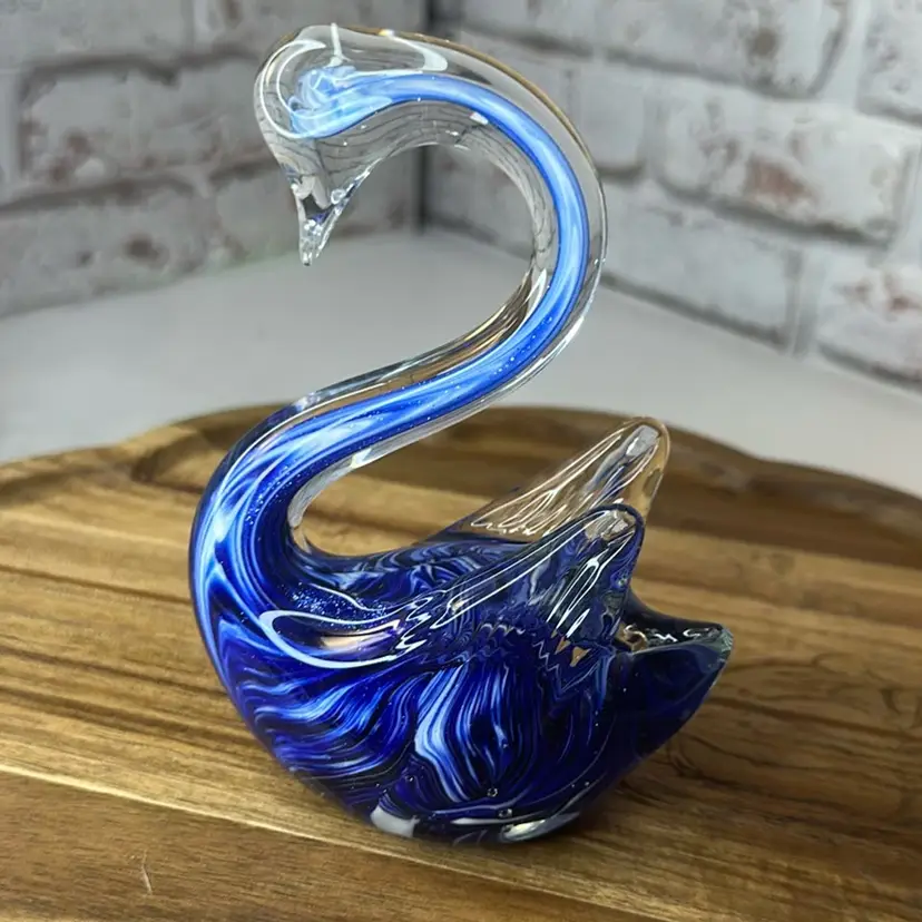 5” Swan Paperweight Blue & White Swirl Aventurine
