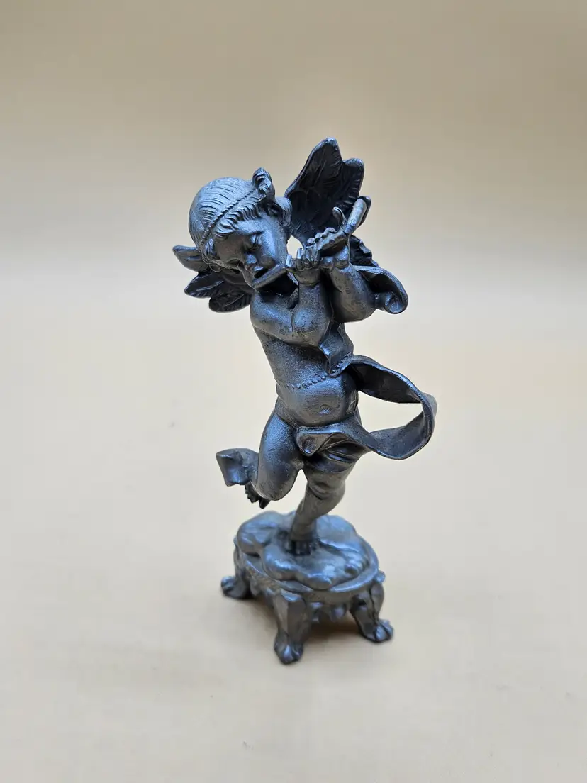Pewter Cherub Angel Playing Flute Figurine 6.25"H