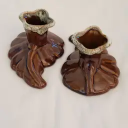 Ceramic Candle Holders Van Briggle Leaf - set of 2 - Brown & White Drip Glaze Vintage