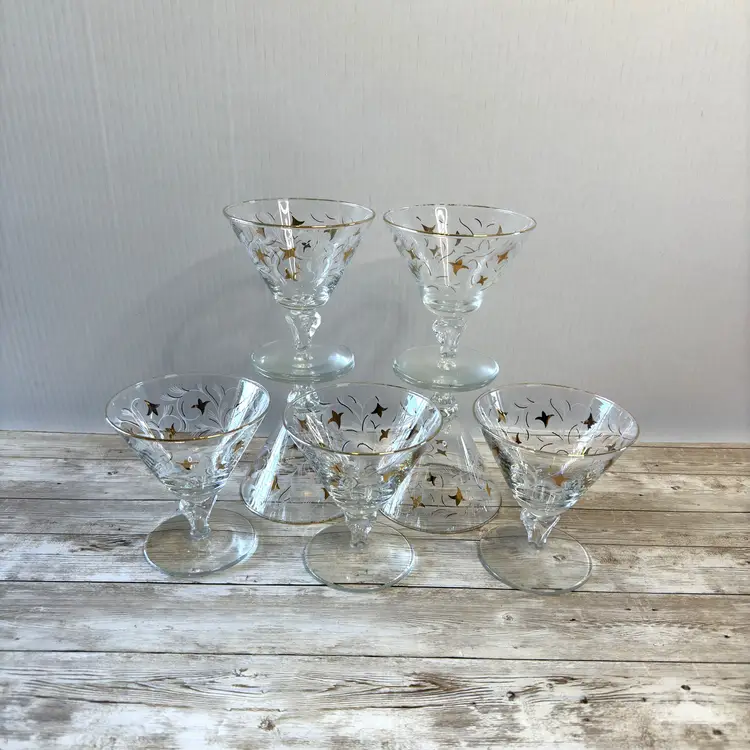 Gold Royal Fern Champagne Glasses Set of 7 – Libbey Vintage Mid Century Barware (0040-25)