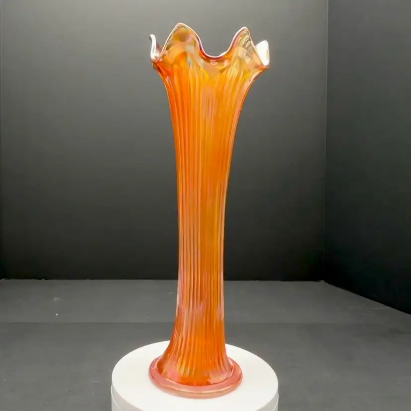 Antique Fenton Marigold Carnival Glass Fine Rib 9" Swung Vase