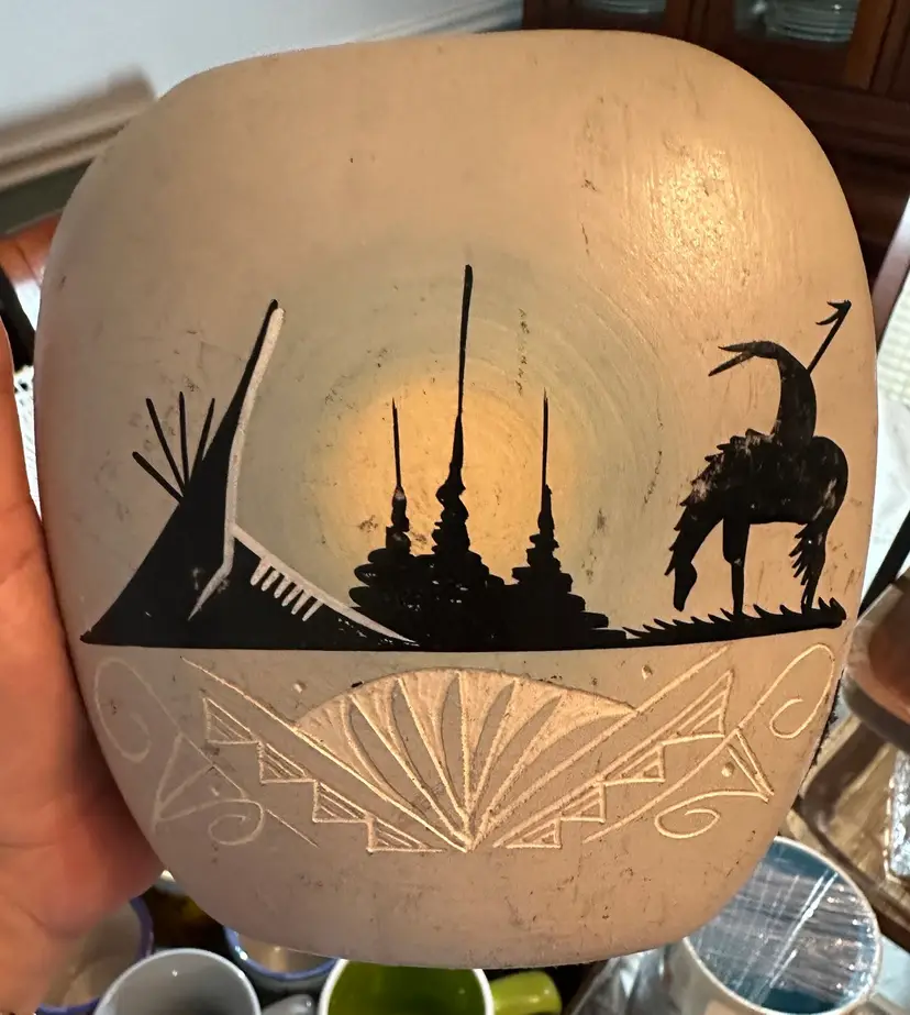 Vintage Navajo Vase Hand Painted and Etched Signed 6" Tall