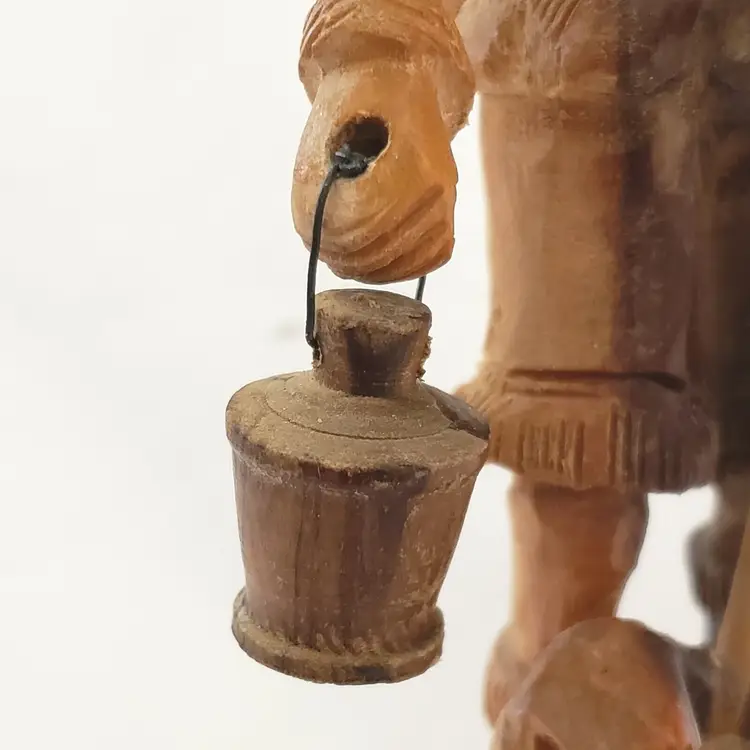 Folk Art Wood Figurine Sculpture of Man with Wood Staff Hanging Lantern & Sheep