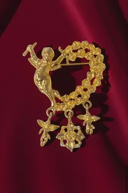 Vintage Gold Tone Cherub Rose Heart Charm Brooch Romantic Art Nouveau Love READ