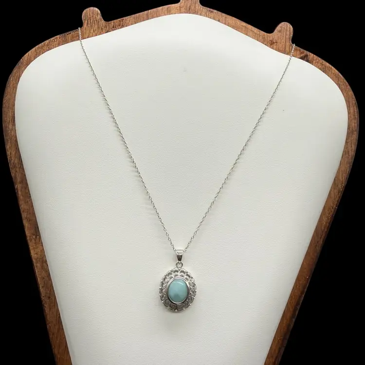 Vintage 925 Sterling Silver Larimar Cabochon Pendant Necklace Italy 18”