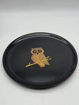 Vintage MCM Couroc of Monterey Owl Black Round Serving Tray 10” Plate