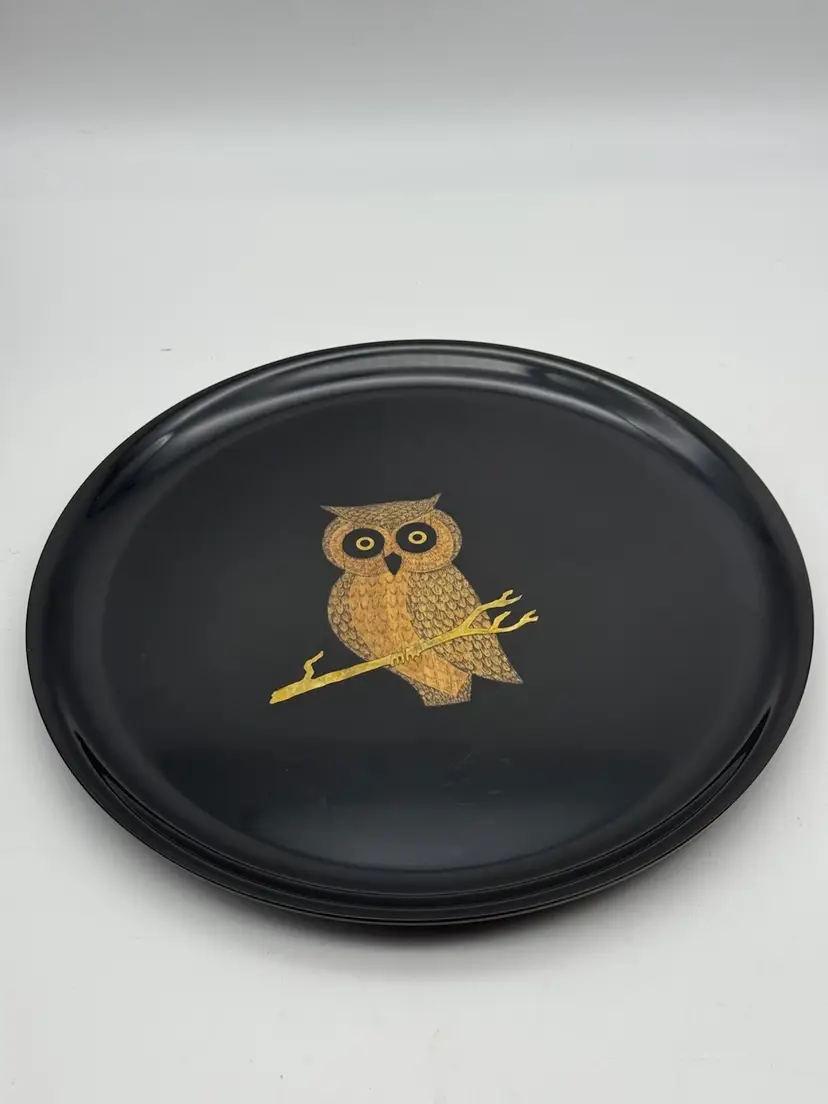 Vintage MCM Couroc of Monterey Owl Black Round Serving Tray 10” Plate