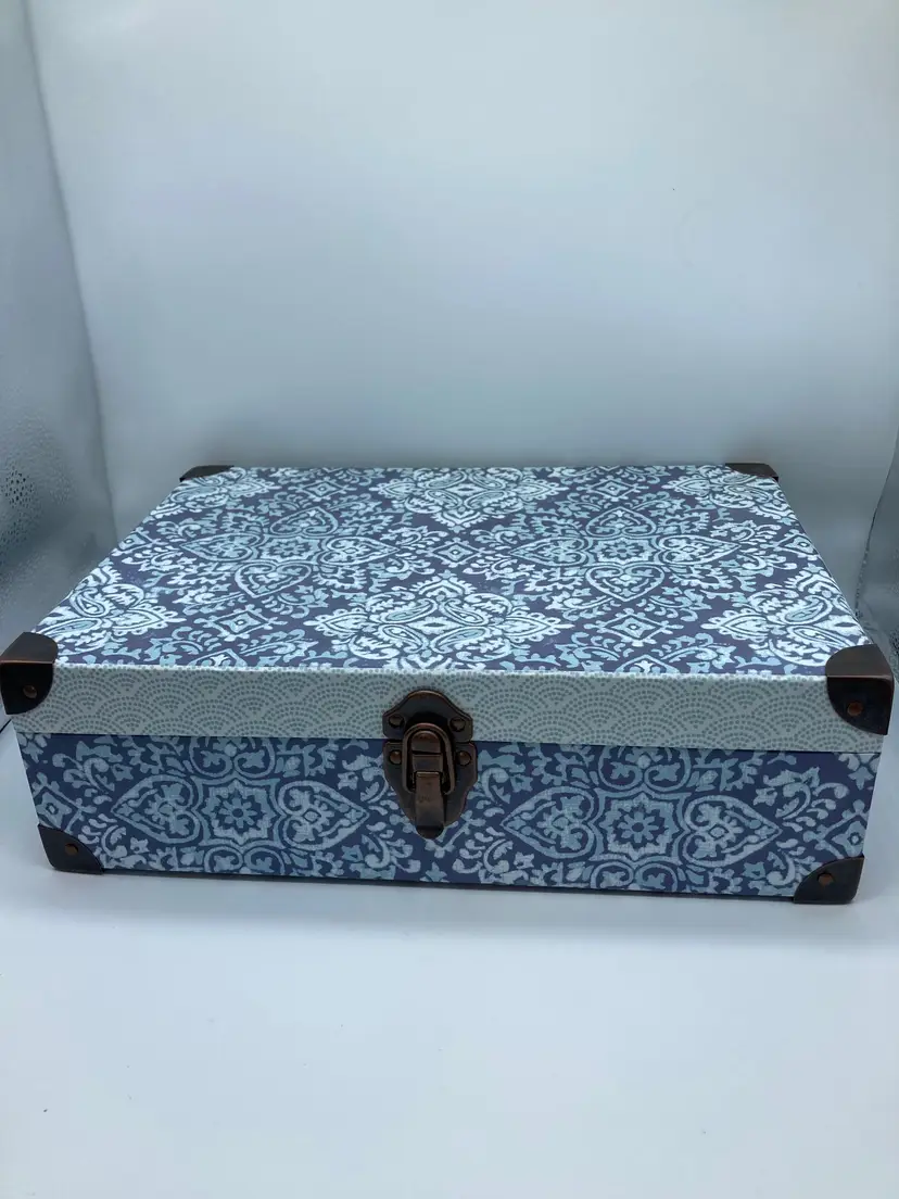 Decorative keepsake box with a blue and white patterned finish, storage