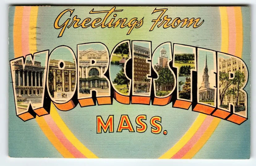 Greetings From Worchester Massachusetts Postcard Large Big Letter Vintage 1940