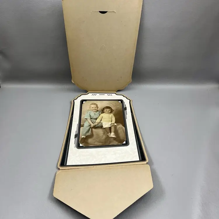 Vintage Cute Children Boy Girl Siblings Color Tinted Portrait Photo Art Deco