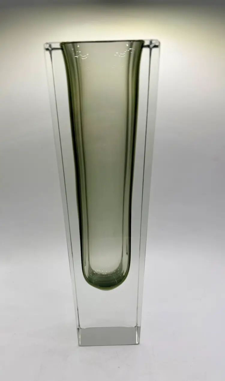 12" Tall Italy Murano Sommerso Smoke / Clear Block Vase Flavio Poli Vintage MCM