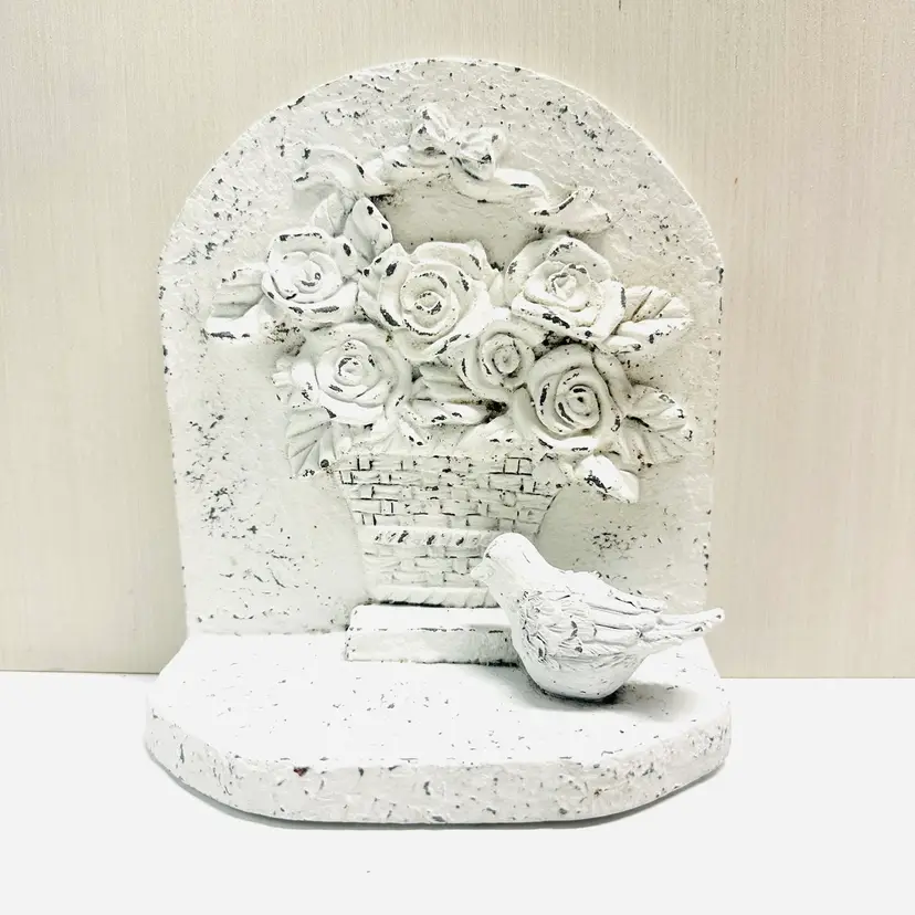 Vintage Bookend White Heavy Resin Bookend Bird Roses Basket