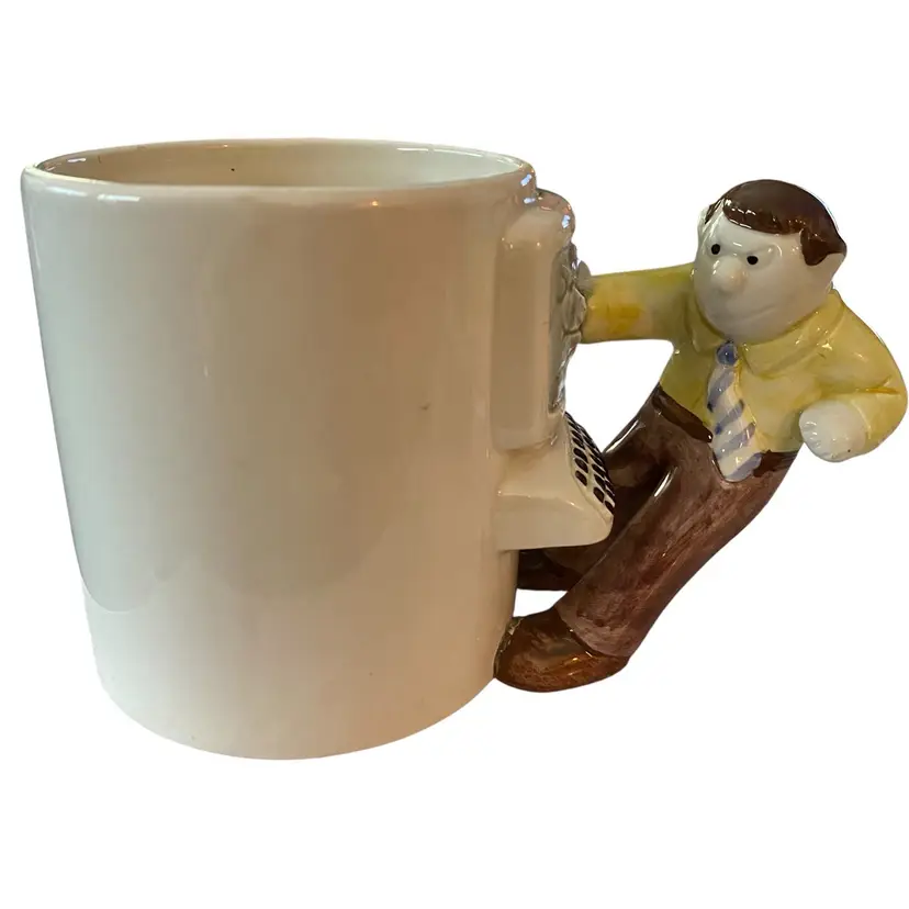 OMNIBUS Vintage Coffee Cup Mug Business Man Smashing Hand in to Computer Screen
