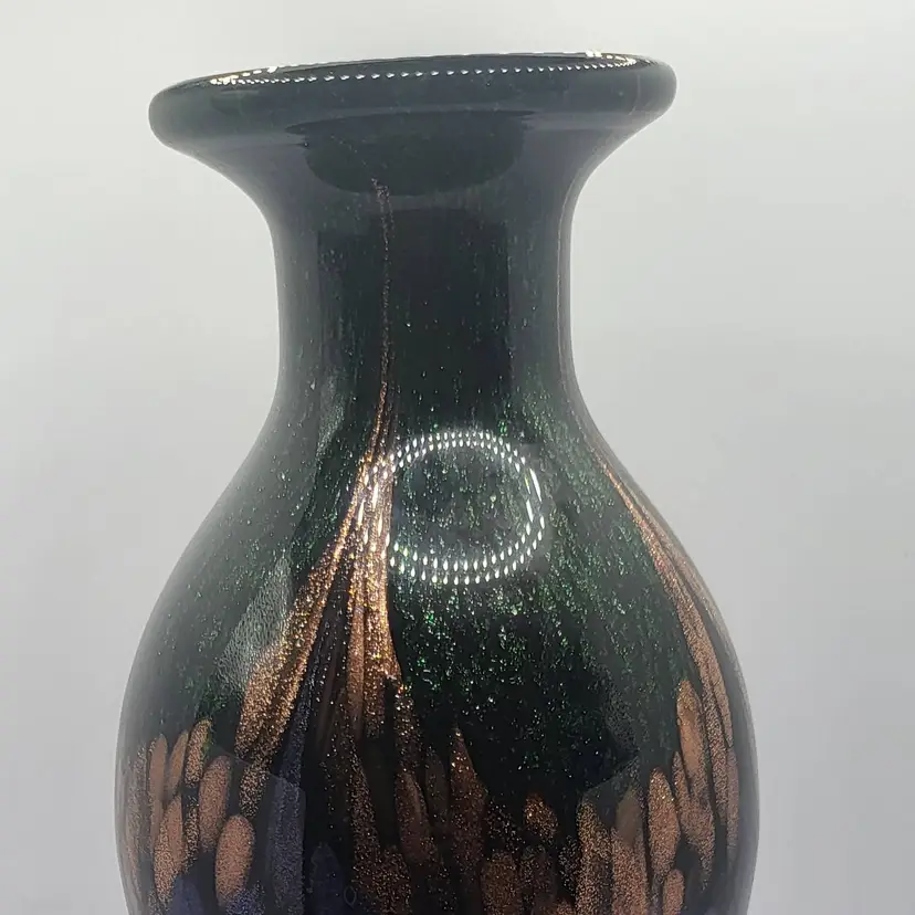 Vintage Dle Tiffany for Pier One "Mardi Gras" art glass vase 9"  Murano Style Copper, Blue & Green