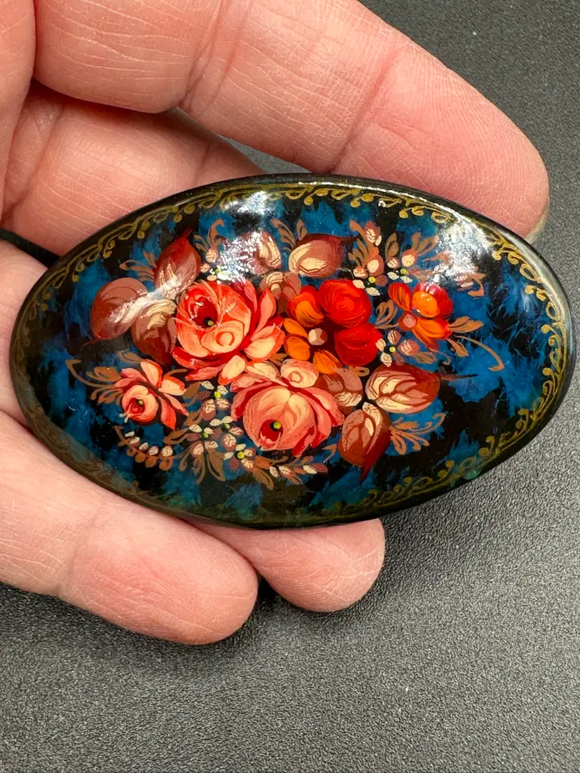 Vintage Brooch Hand Tole Painted Floral Wooden Black Lacquer Signed Russian