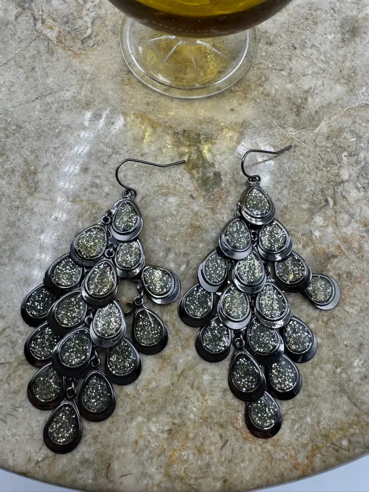 Premier Design Gunmetal Grey Glitter Sparkle Chandelier Fish Hook Dangle Earrings - UV Glow
